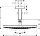 Hansgrohe Kopfbrause mit Deckenanschluss, runde Duschfläche, verdeckte Wandmontage, einfache geometrische Form und Betriebsdruckansicht.